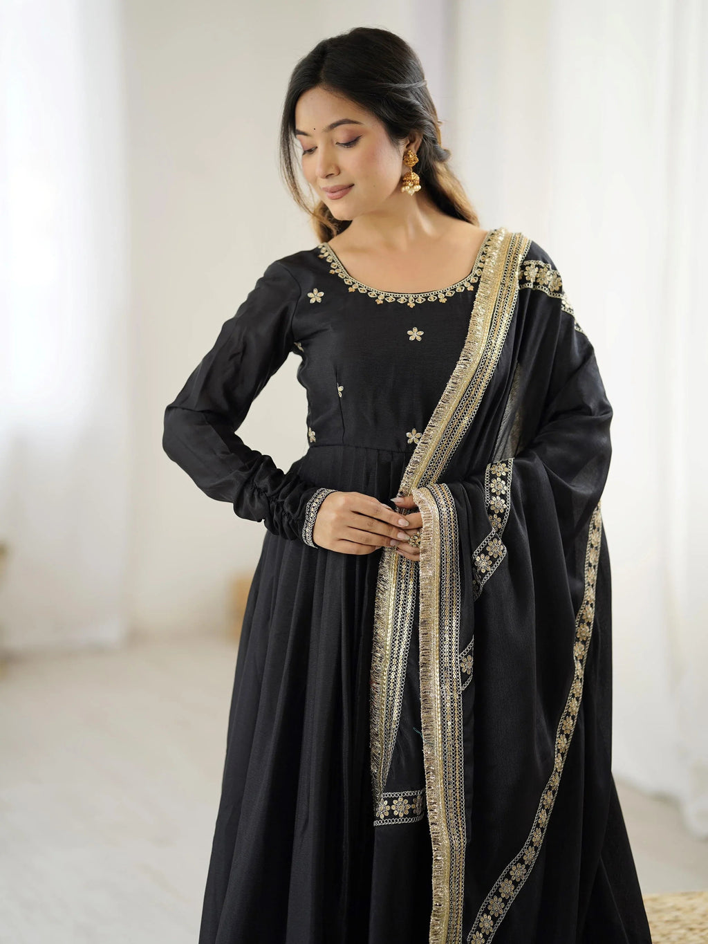 Black chinon silk embroidered anarkali suit with dupatta
