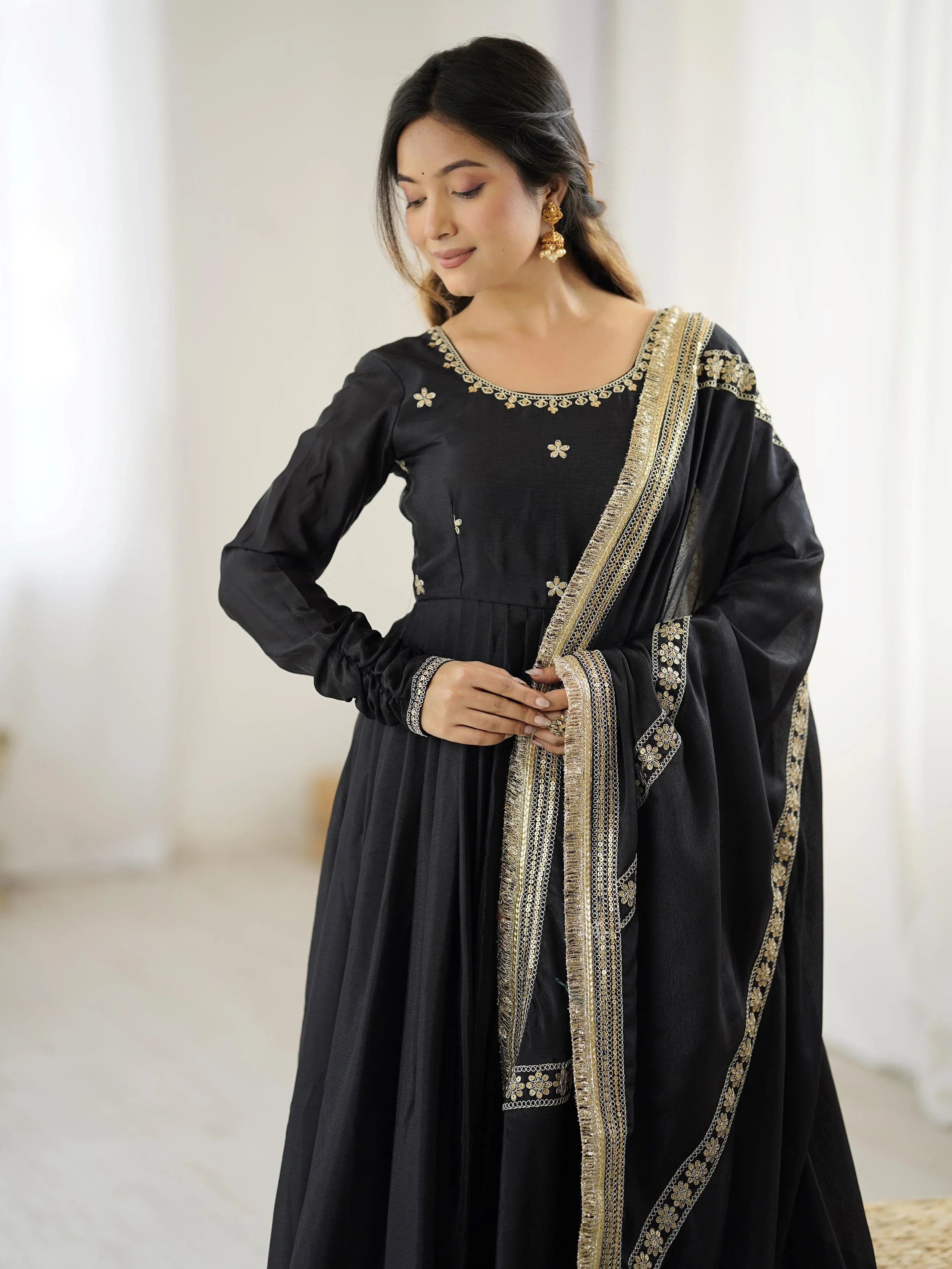Black chinon silk embroidered anarkali suit with dupatta