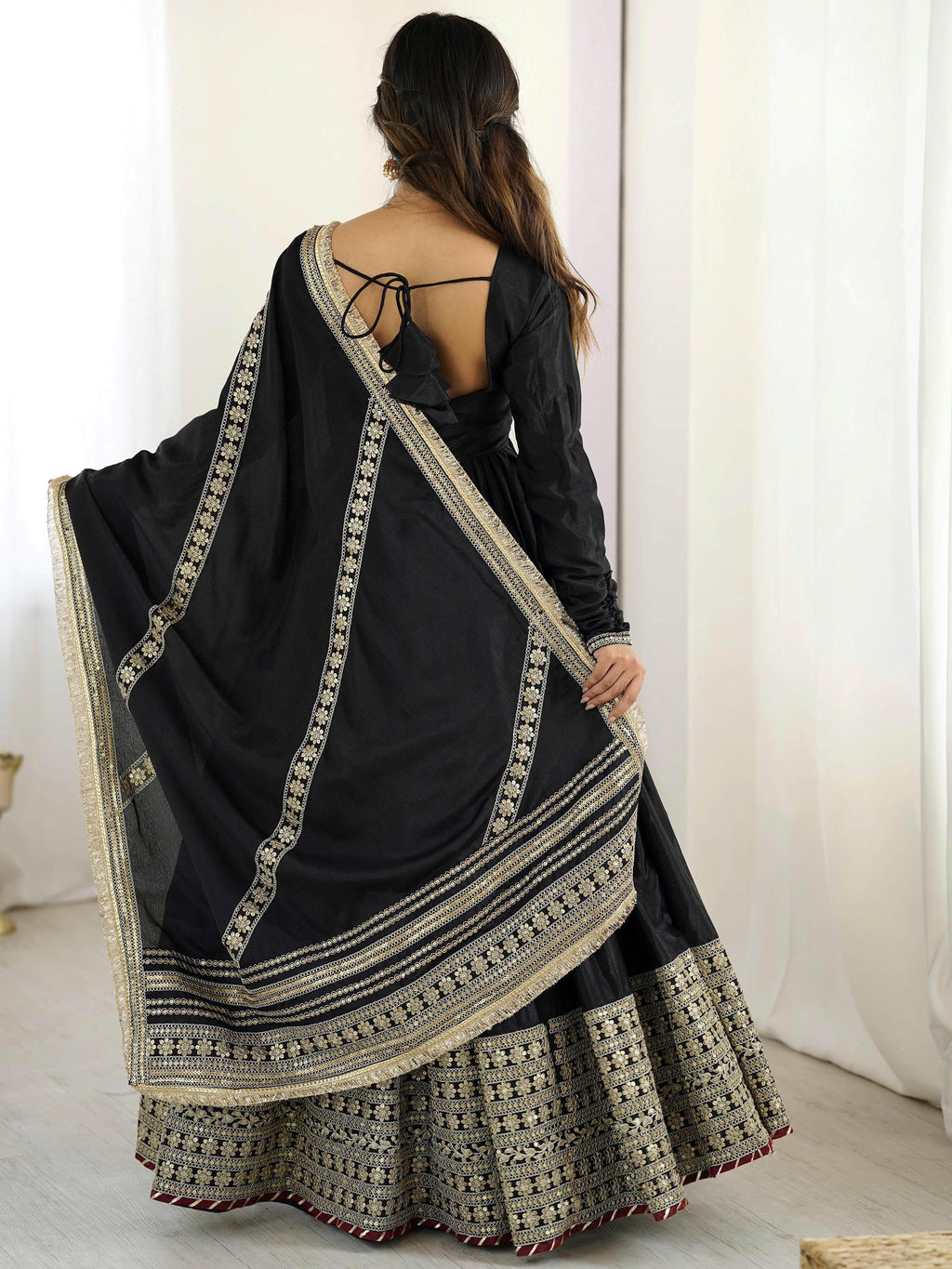 Black chinon silk embroidered anarkali suit with dupatta