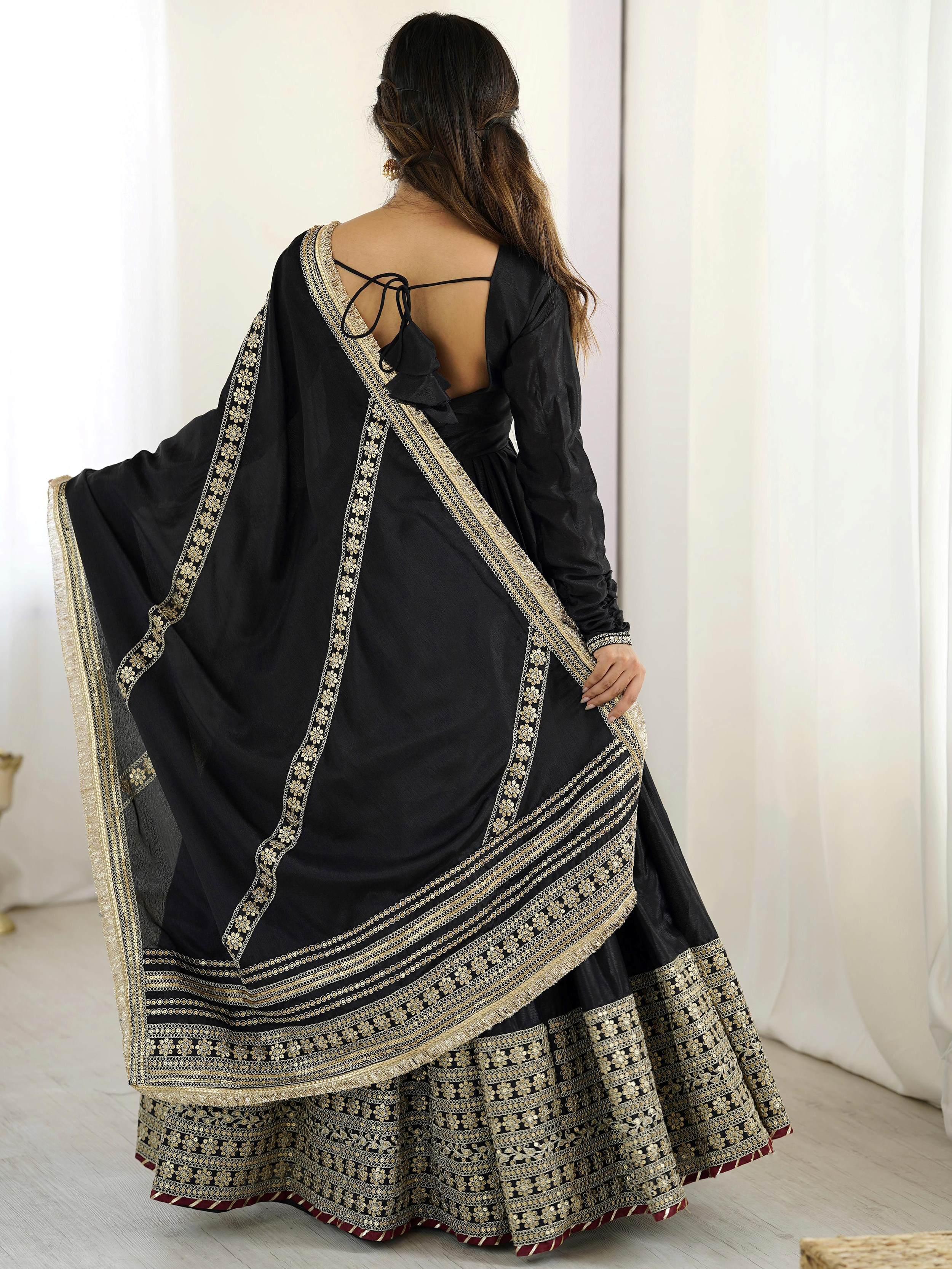 Black chinon silk embroidered anarkali suit with dupatta