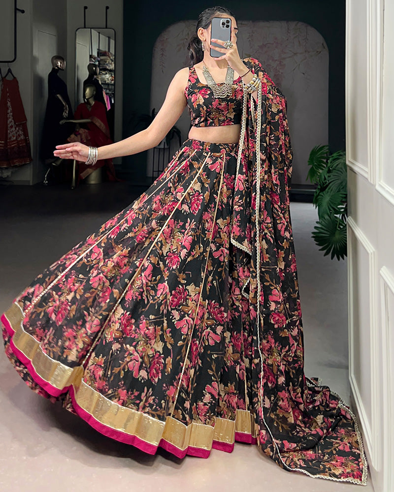 Black Color Chiffon Floral Printed Lehenga Choli with Dupatta