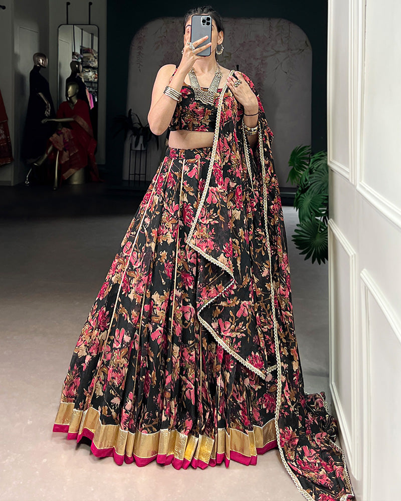 Black Color Chiffon Floral Printed Lehenga Choli with Dupatta