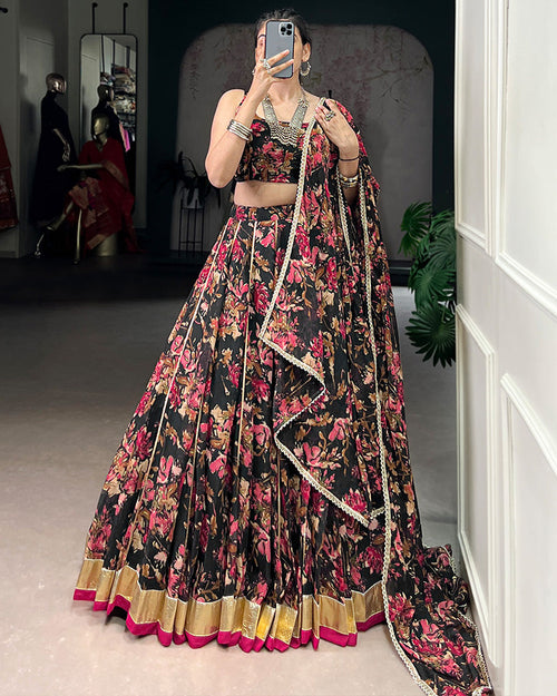 Black chiffon floral printed lehenga choli with dupatta