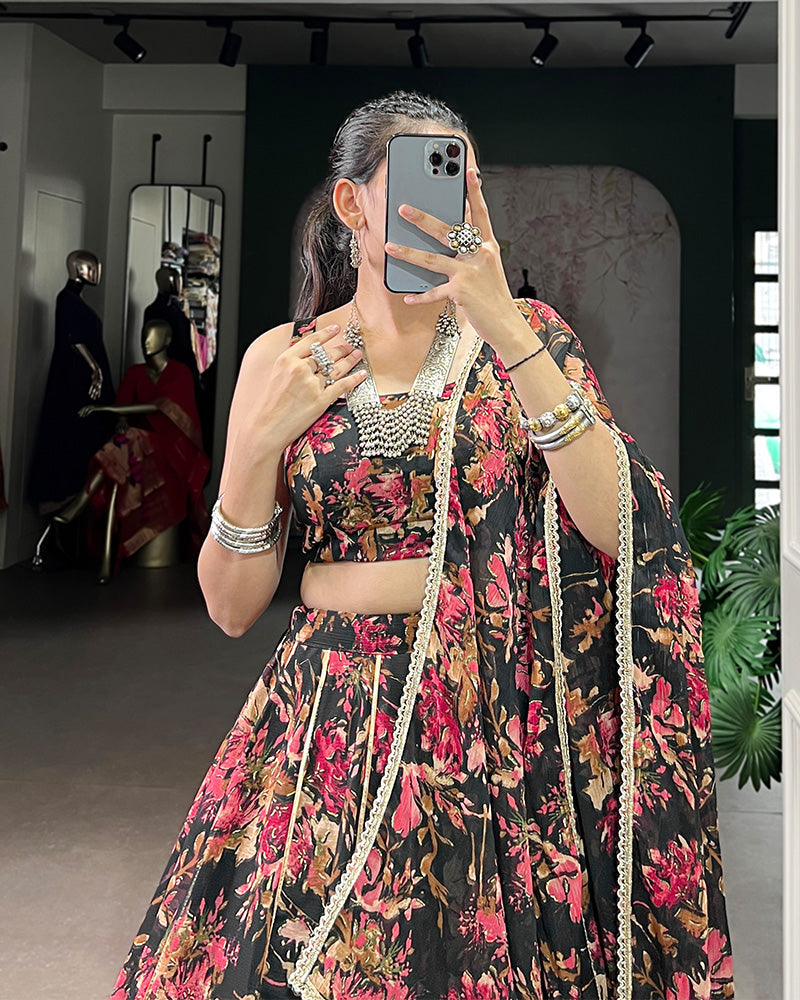 Black Color Chiffon Floral Printed Lehenga Choli with Dupatta
