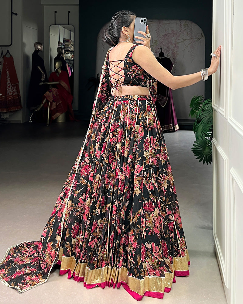 Black Color Chiffon Floral Printed Lehenga Choli with Dupatta
