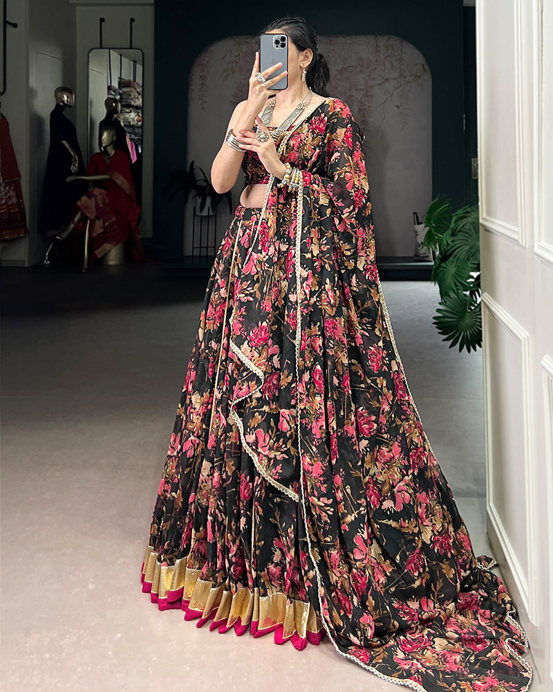 Black Color Chiffon Floral Printed Lehenga Choli with Dupatta