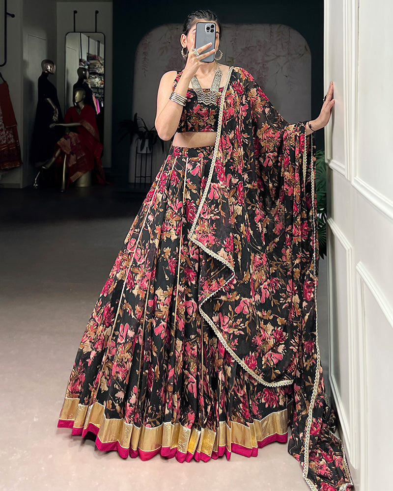 Black Color Chiffon Floral Printed Lehenga Choli with Dupatta