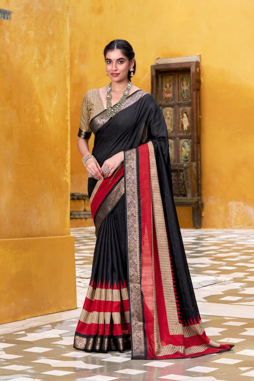 Black poly cotton printed saree with zari weaving border and blouse