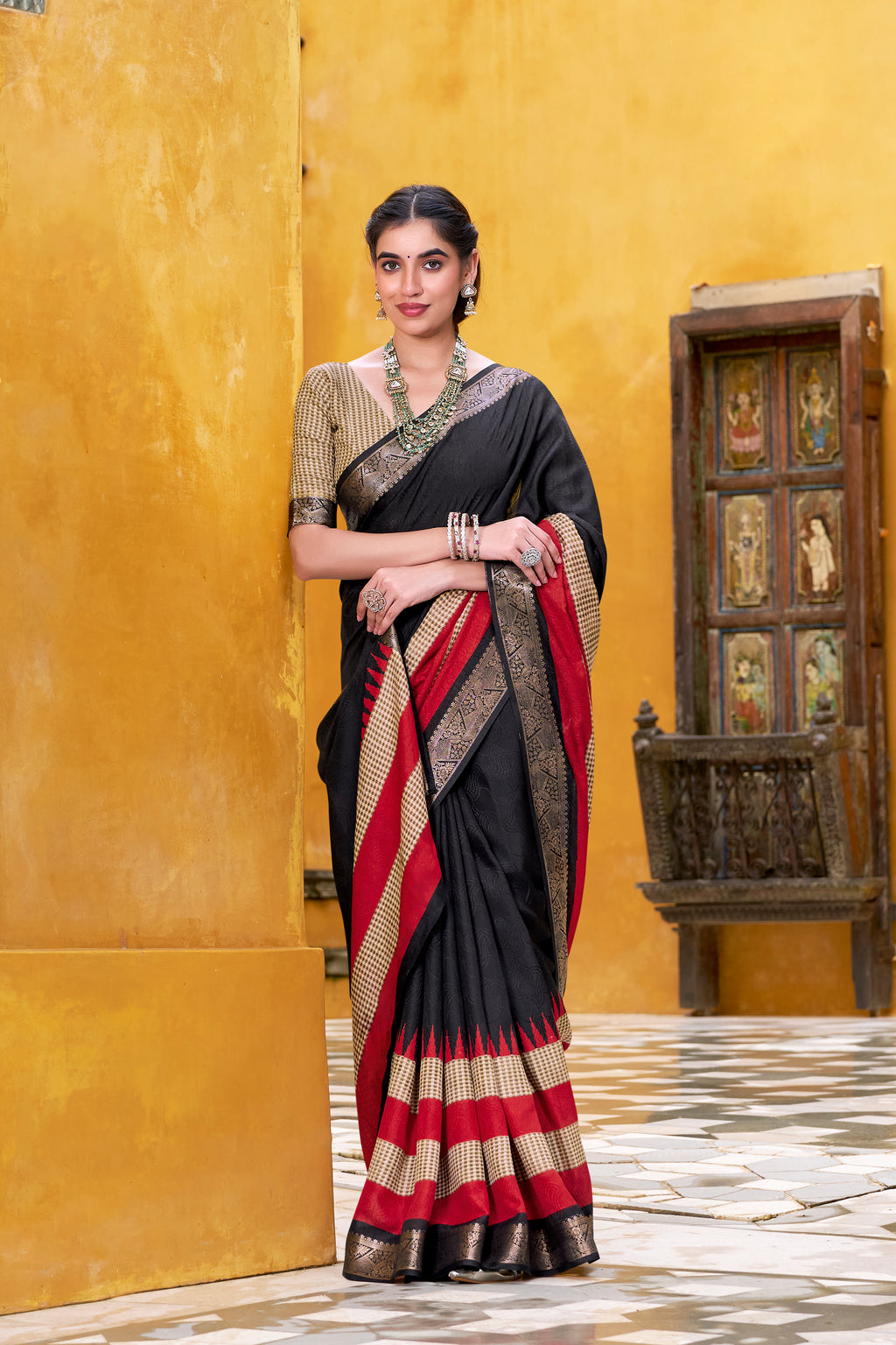 Black Color Poly Cotton Printed Saree with Zari Weaving Border and Blouse