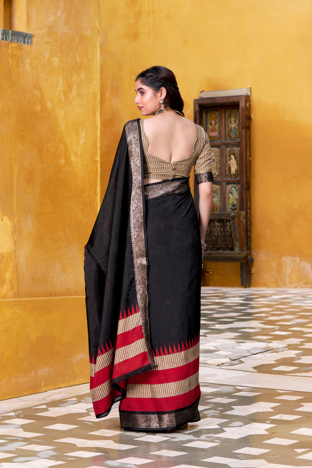 Black Color Poly Cotton Printed Saree with Zari Weaving Border and Blouse