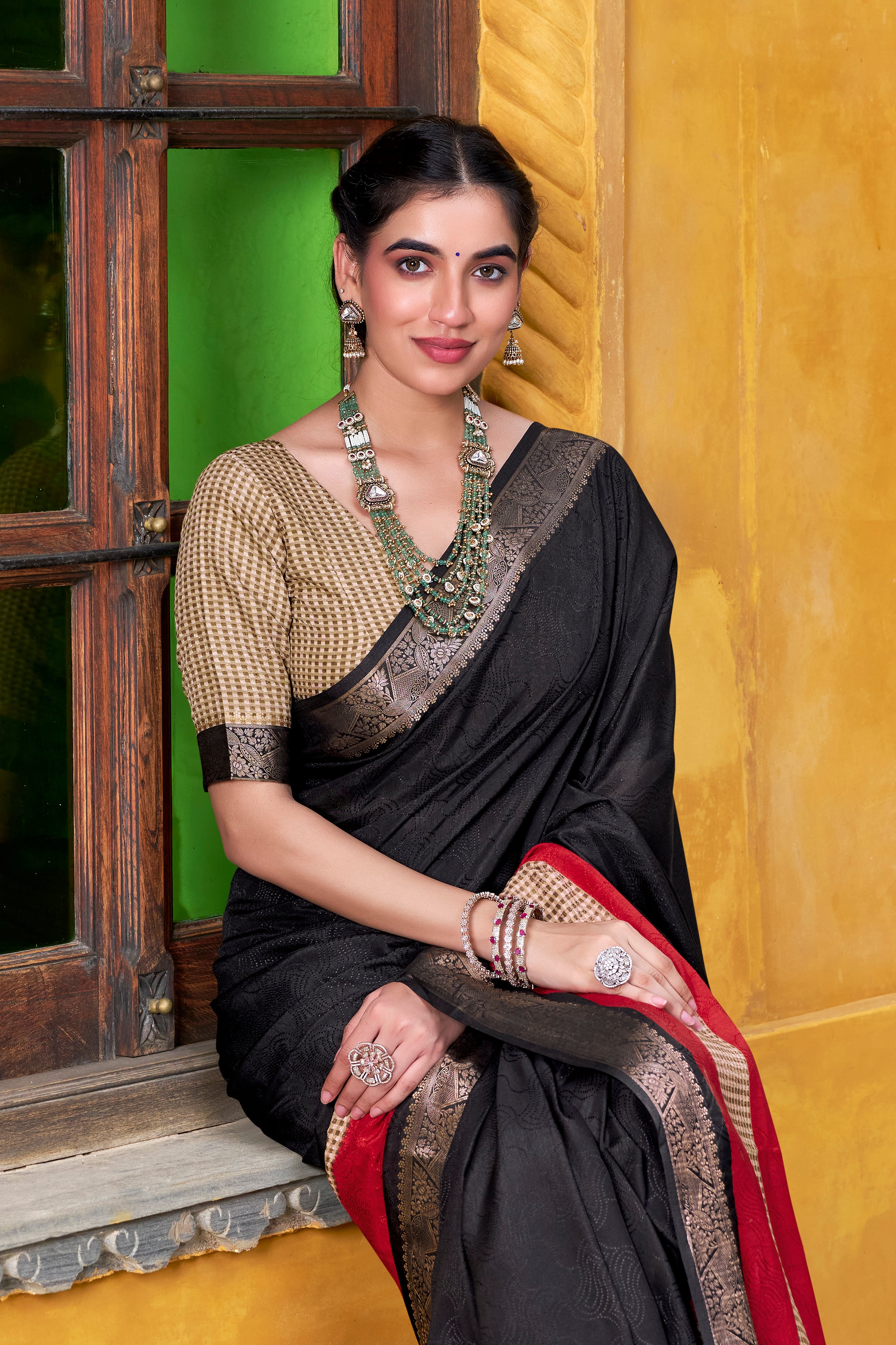 Black Color Poly Cotton Printed Saree with Zari Weaving Border and Blouse