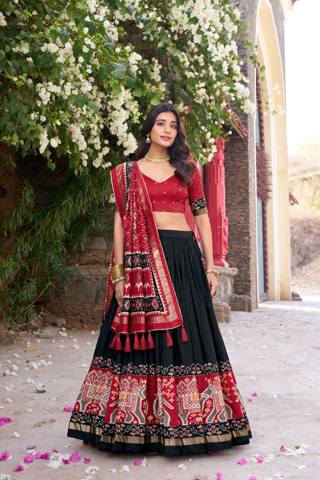Black Color Tussar Silk Patola Print Foil Work Gotta Patti Lehenga Choli