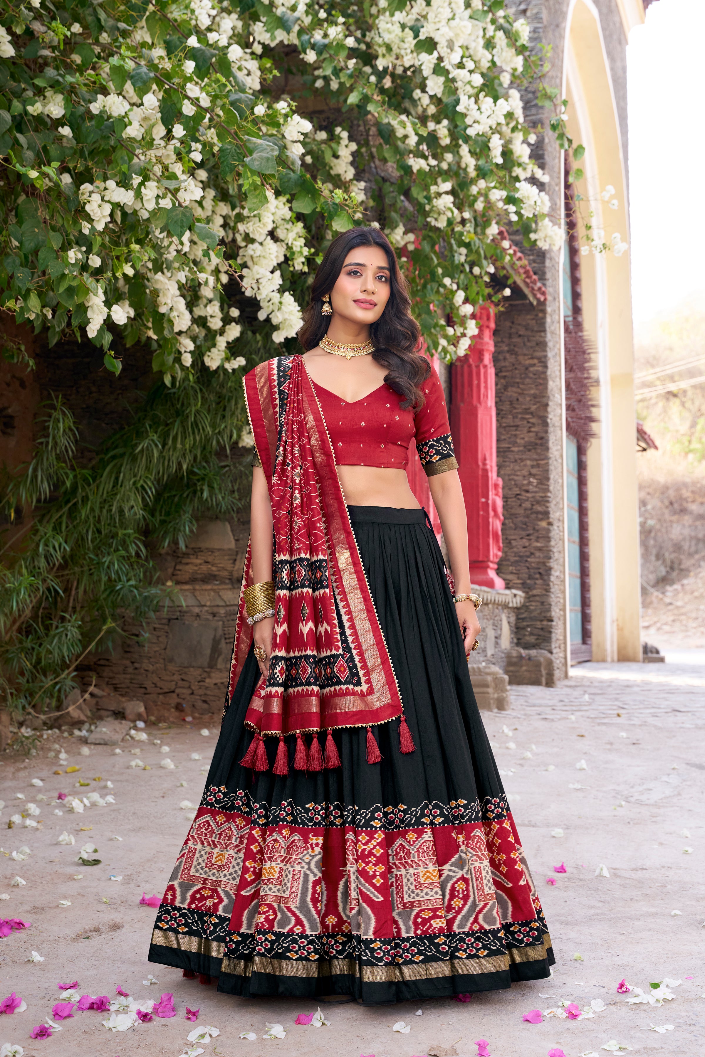 Black Color Tussar Silk Patola Print Foil Work Gotta Patti Lehenga Choli