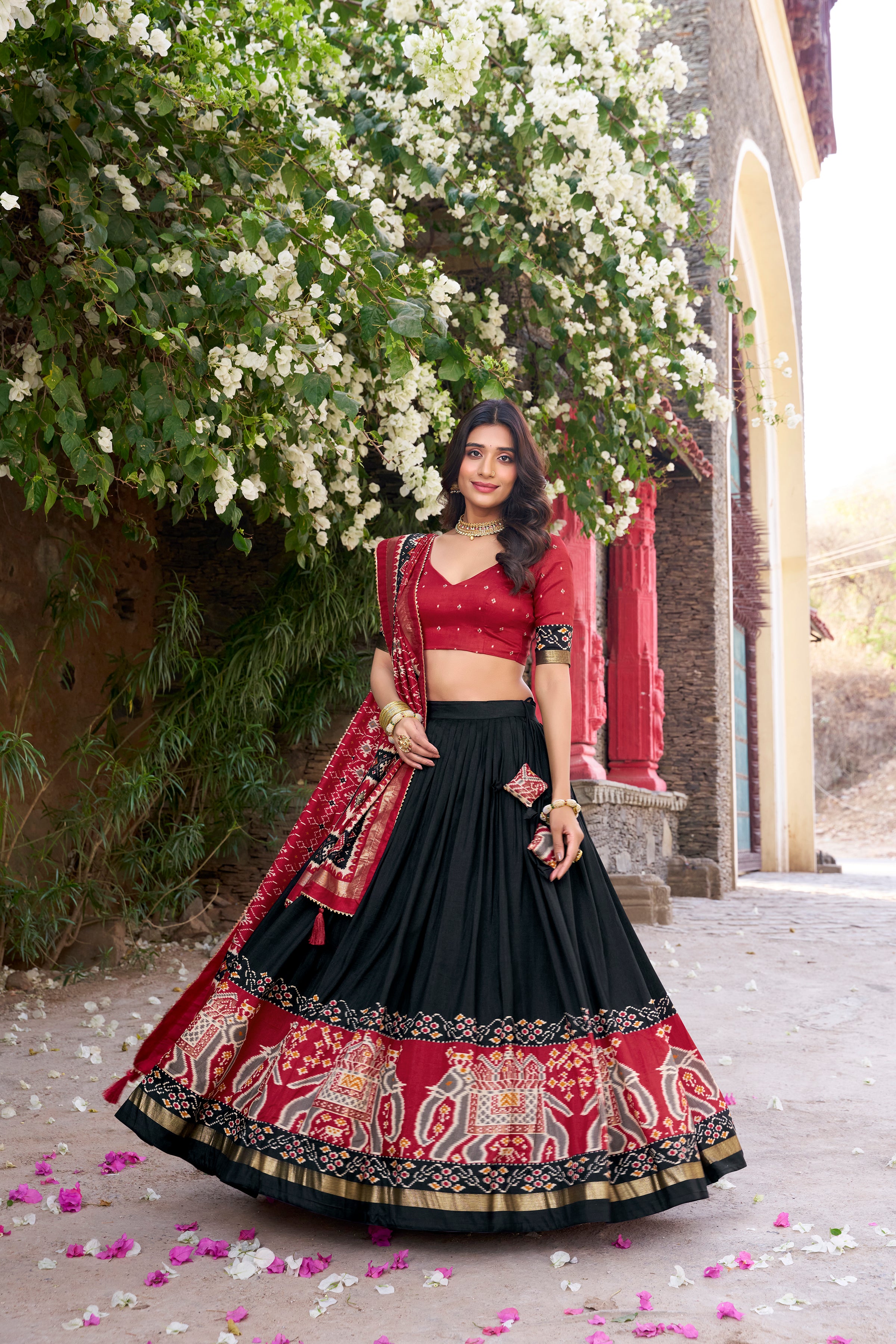 Black Color Tussar Silk Patola Print Foil Work Gotta Patti Lehenga Choli