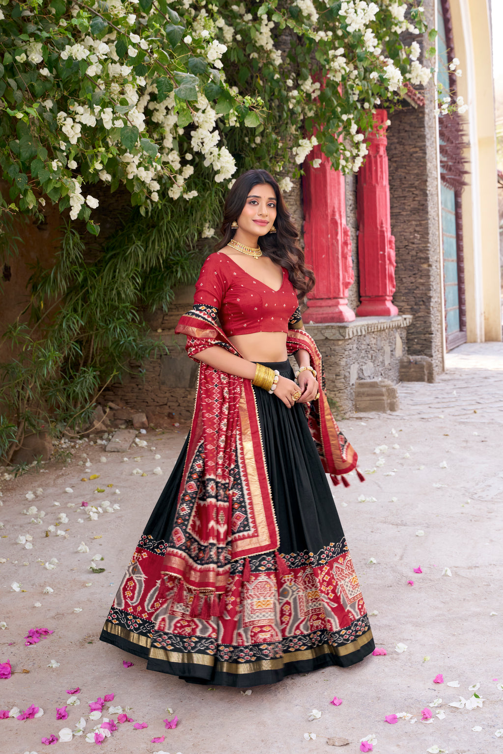 Black Color Tussar Silk Patola Print Foil Work Gotta Patti Lehenga Choli