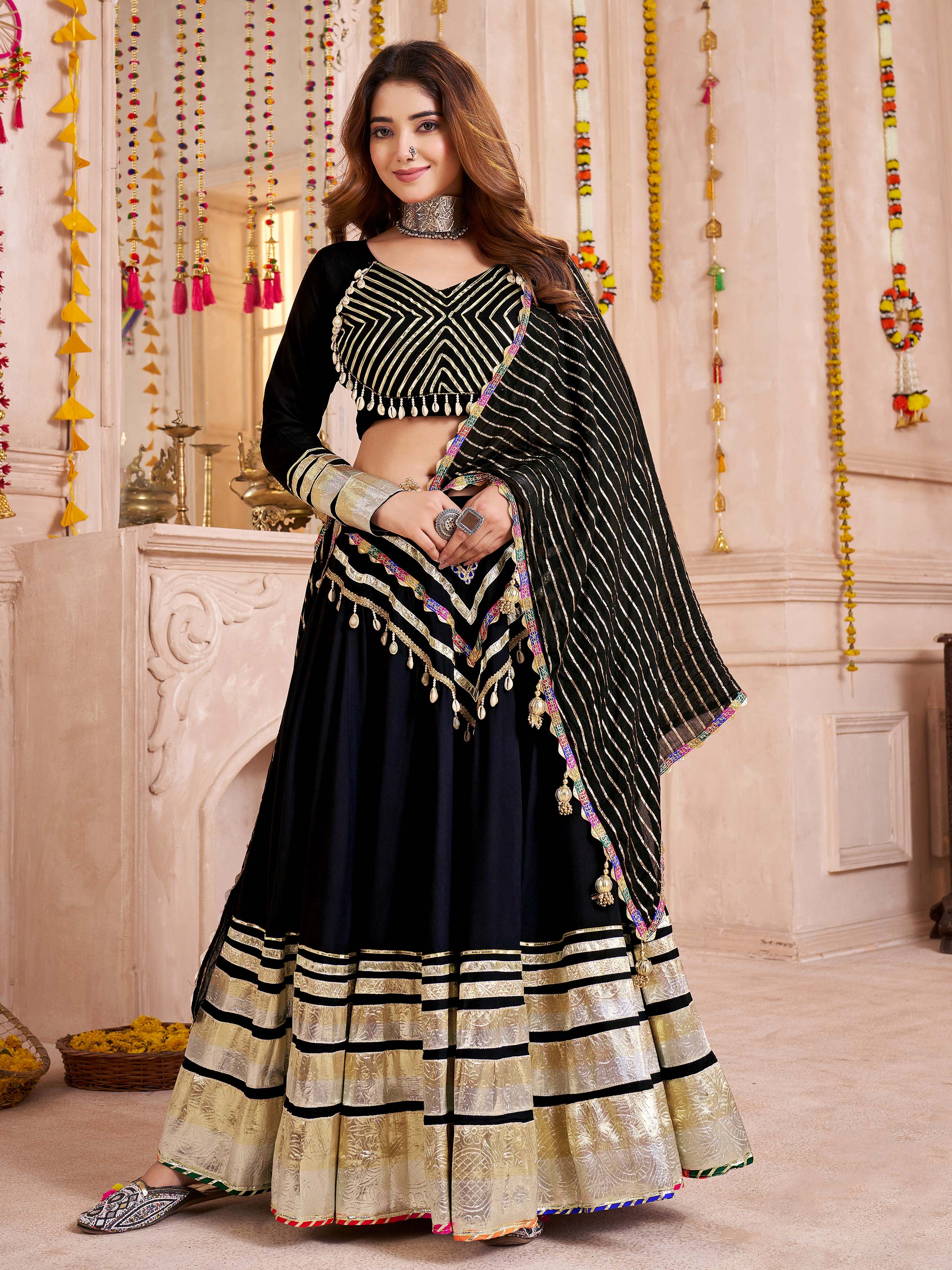 Black Cotton Lace Designer Lehenga Choli with Dupatta