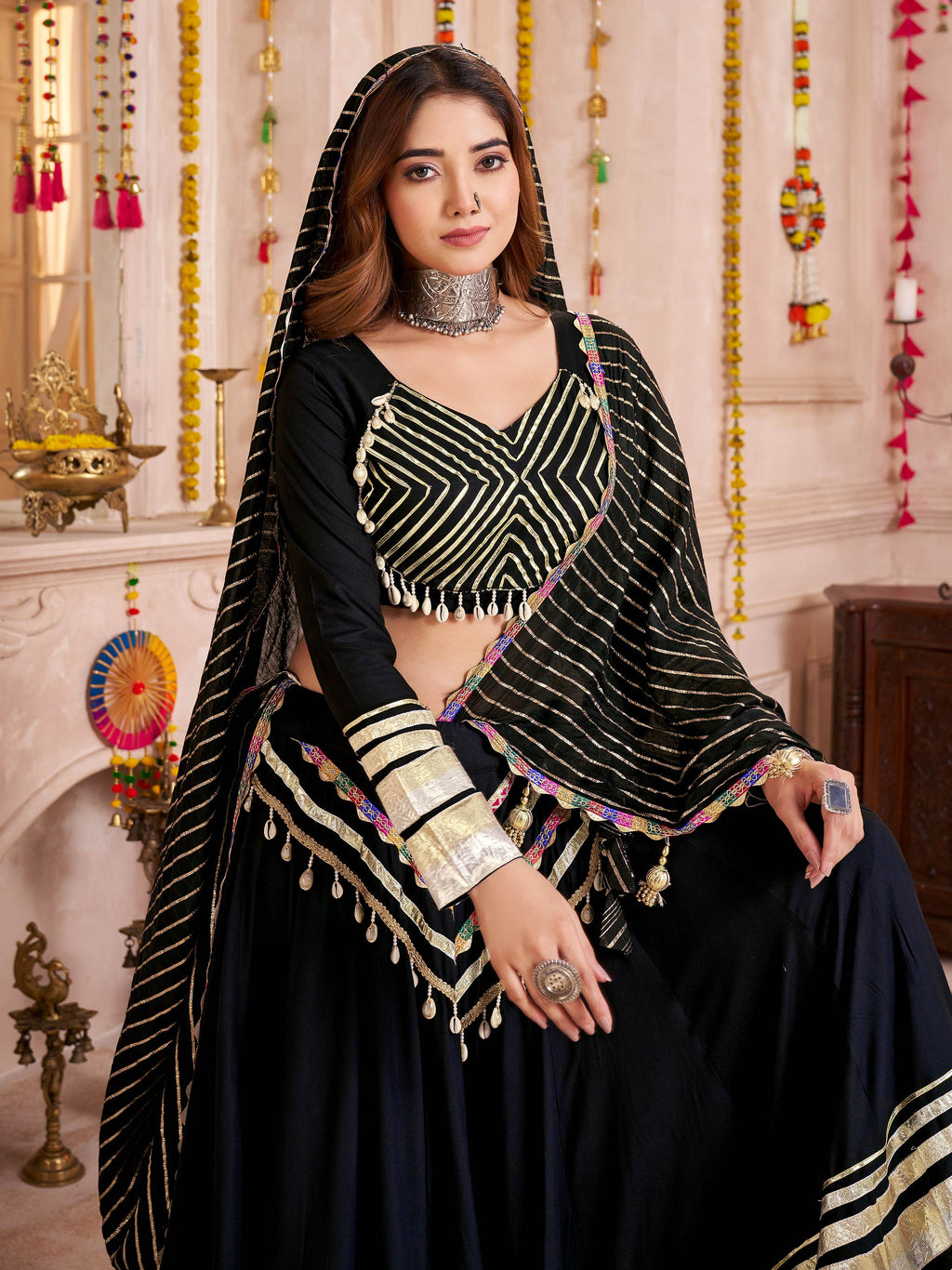 Black Cotton Lace Designer Lehenga Choli with Dupatta