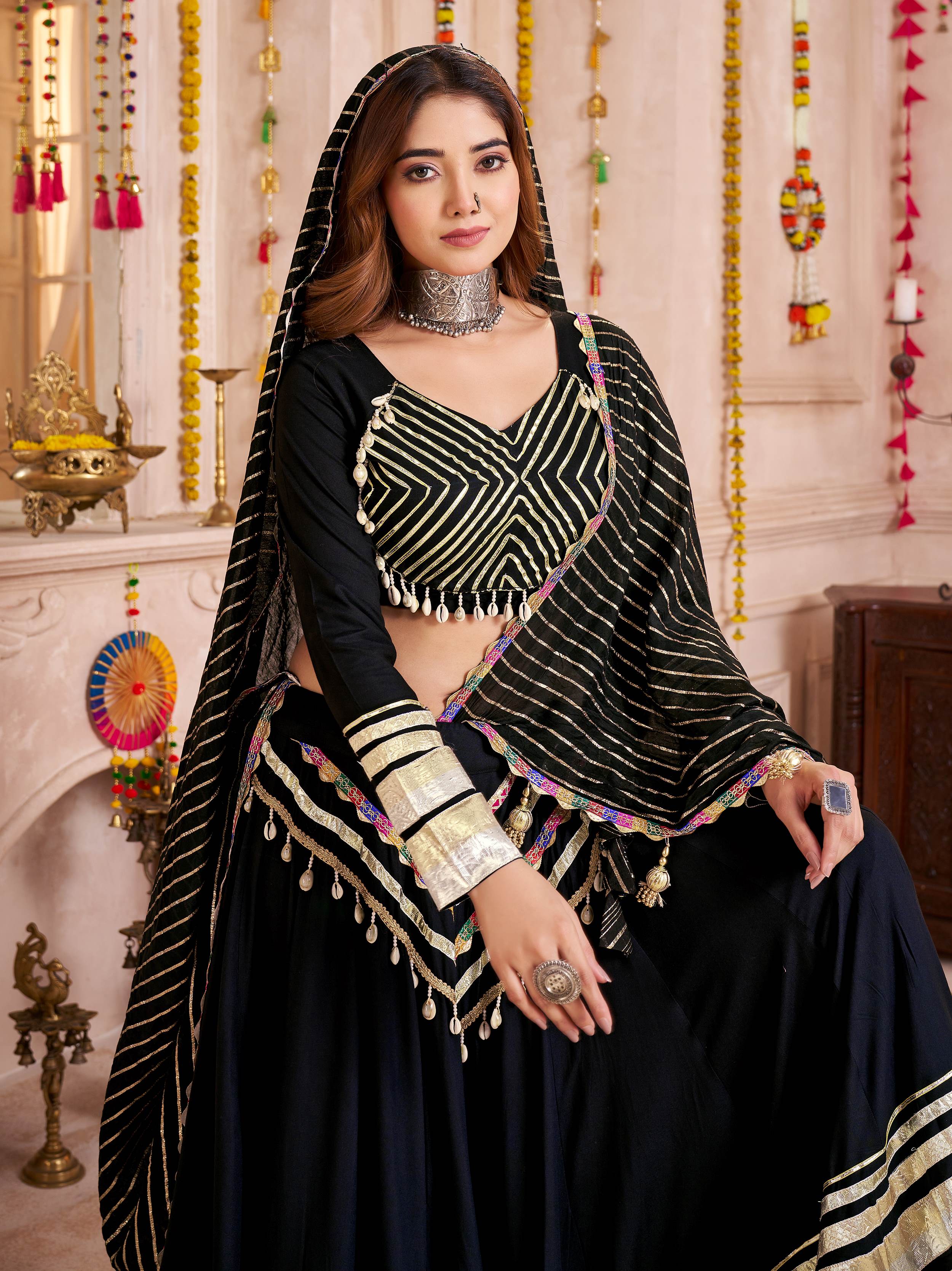 Black Cotton Lace Designer Lehenga Choli with Dupatta