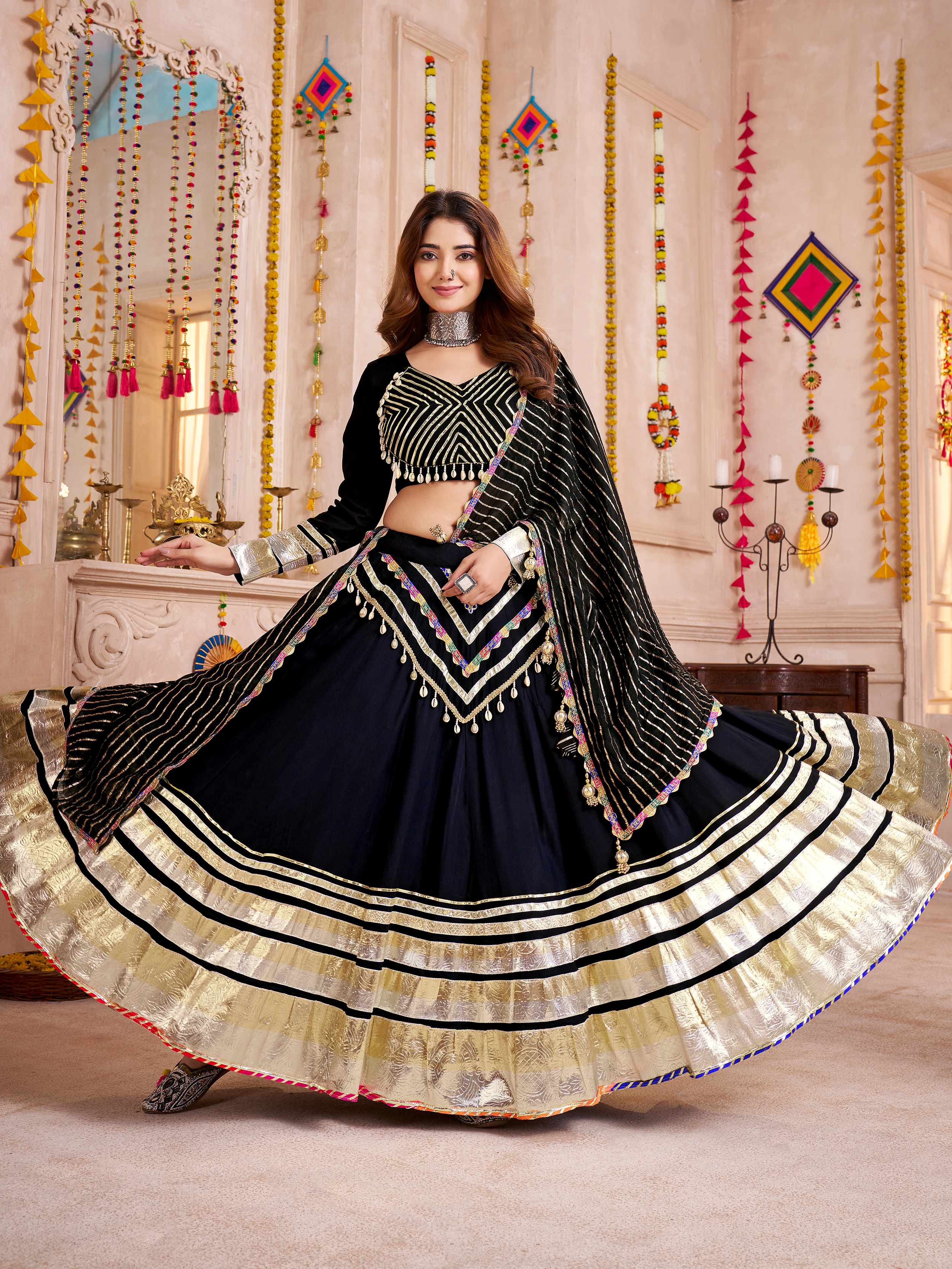 Black Cotton Lace Designer Lehenga Choli with Dupatta