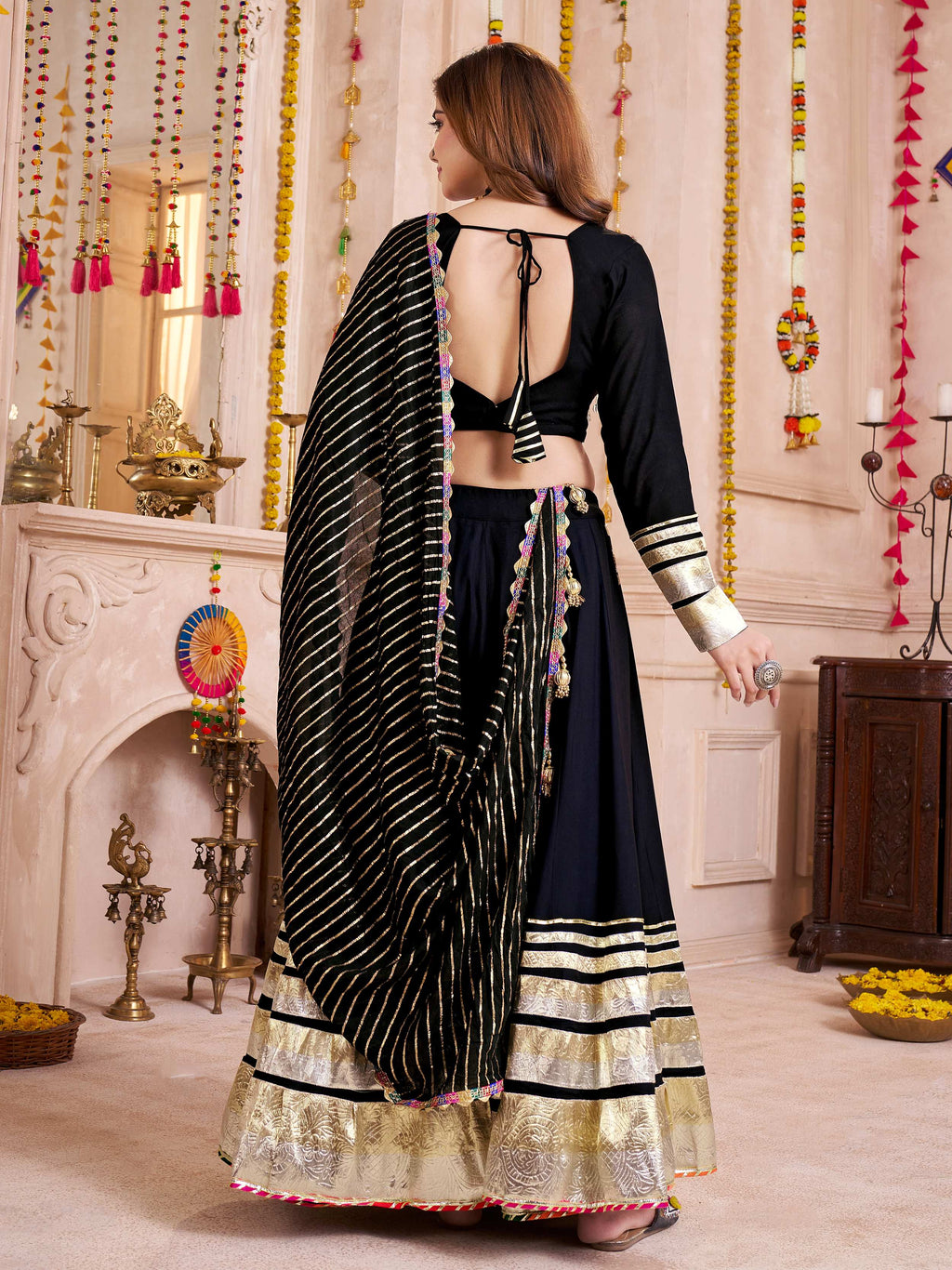 Black Cotton Lace Designer Lehenga Choli with Dupatta