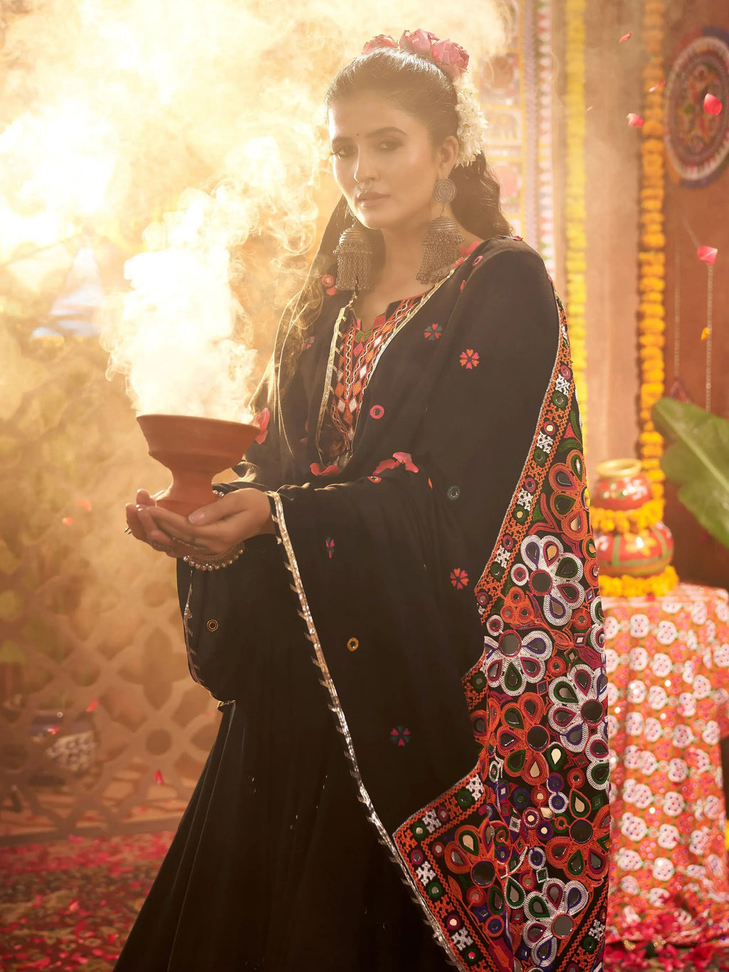 Black Cotton Mirror Embroidered Navratri Lehenga Choli with Dupatta