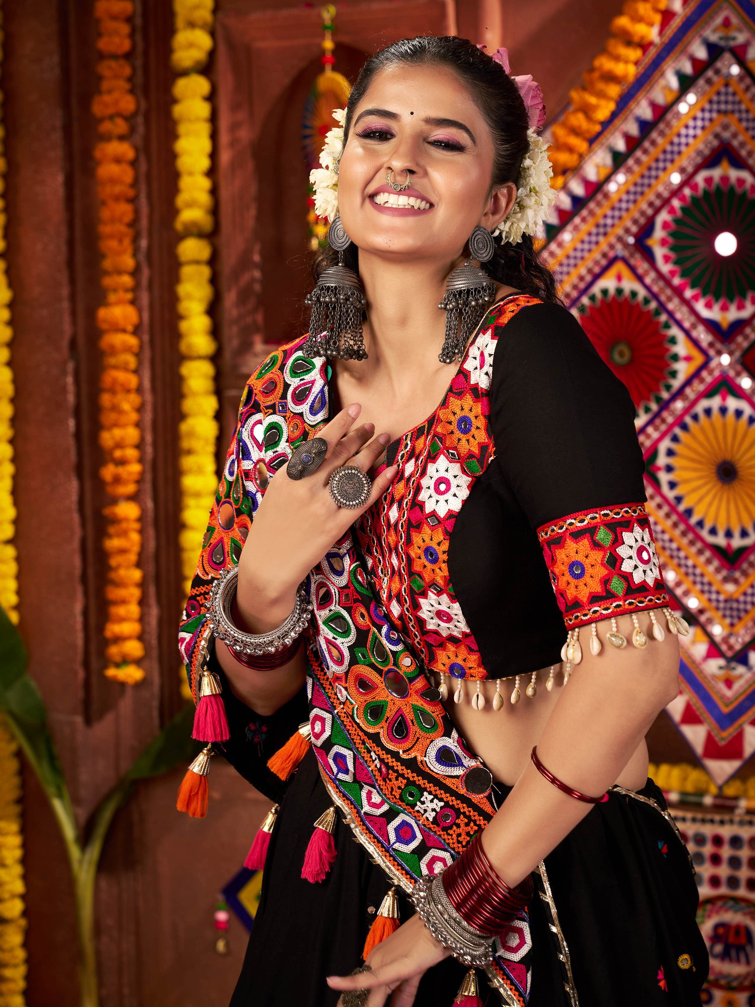 Black Cotton Mirror Embroidered Navratri Lehenga Choli with Dupatta