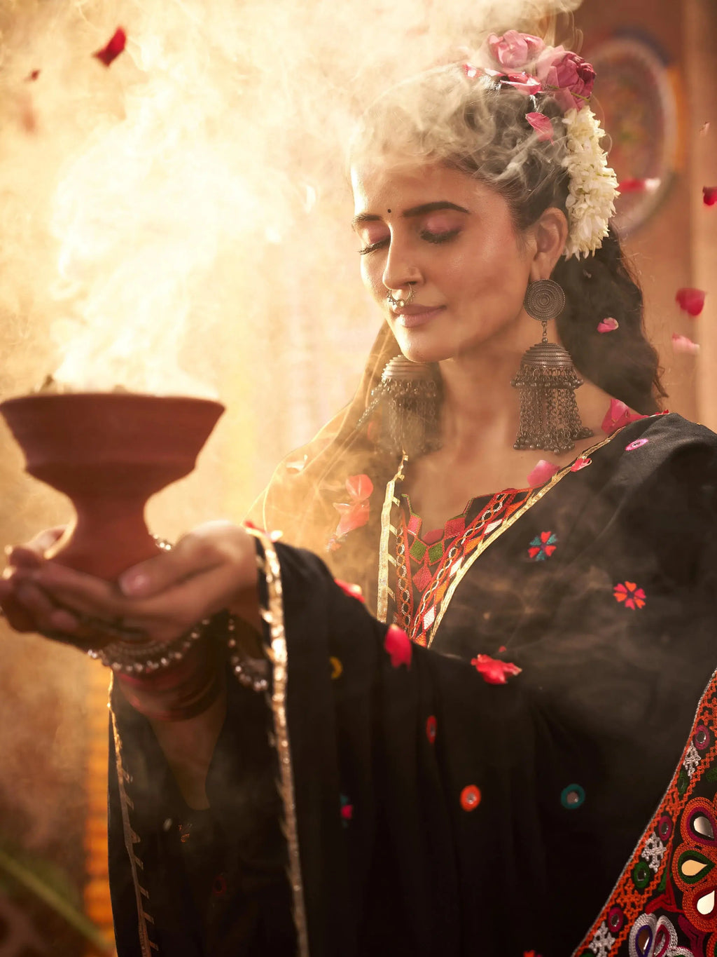 Black Cotton Mirror Embroidered Navratri Lehenga Choli with Dupatta