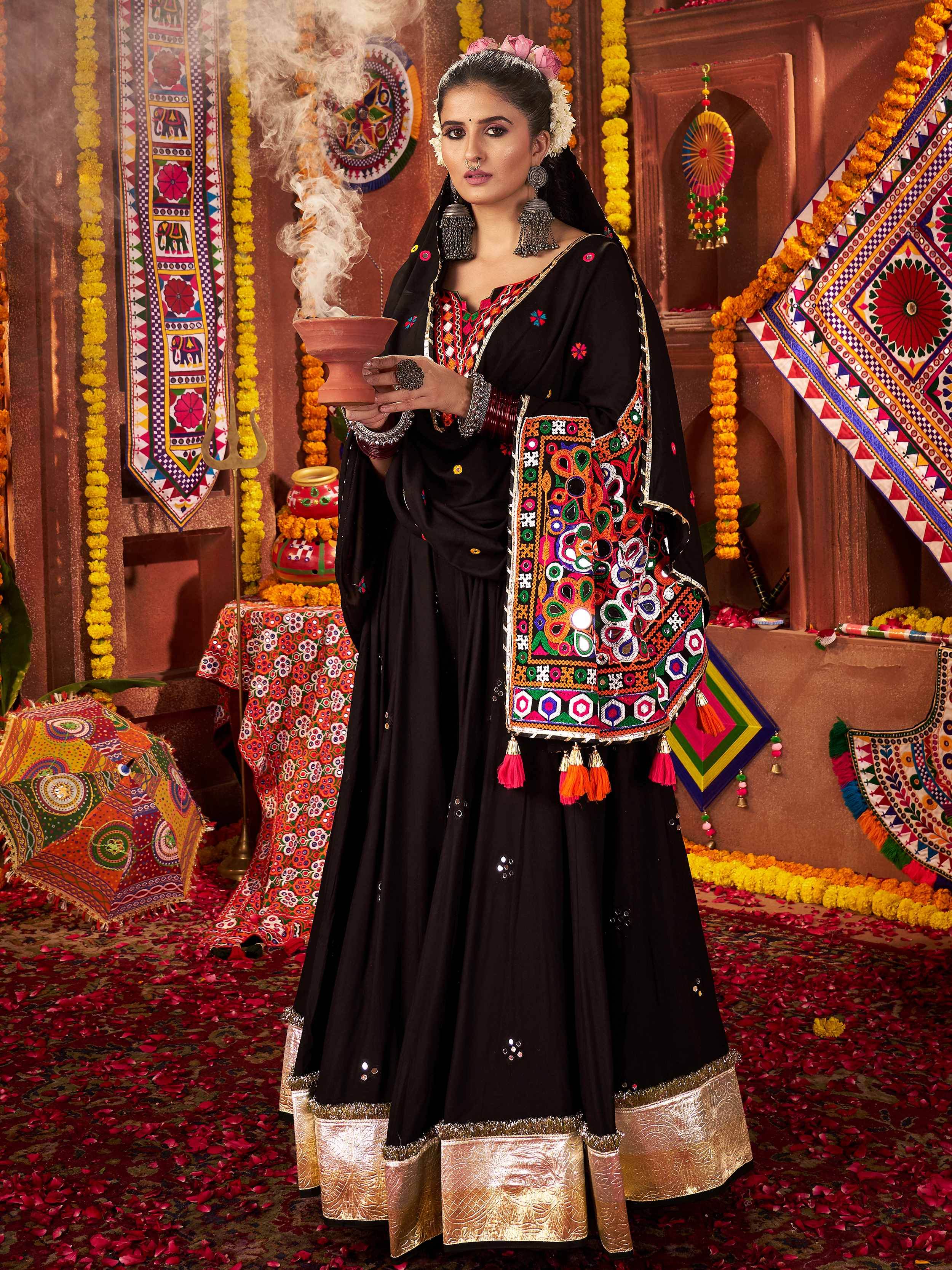 Black Cotton Mirror Embroidered Navratri Lehenga Choli with Dupatta
