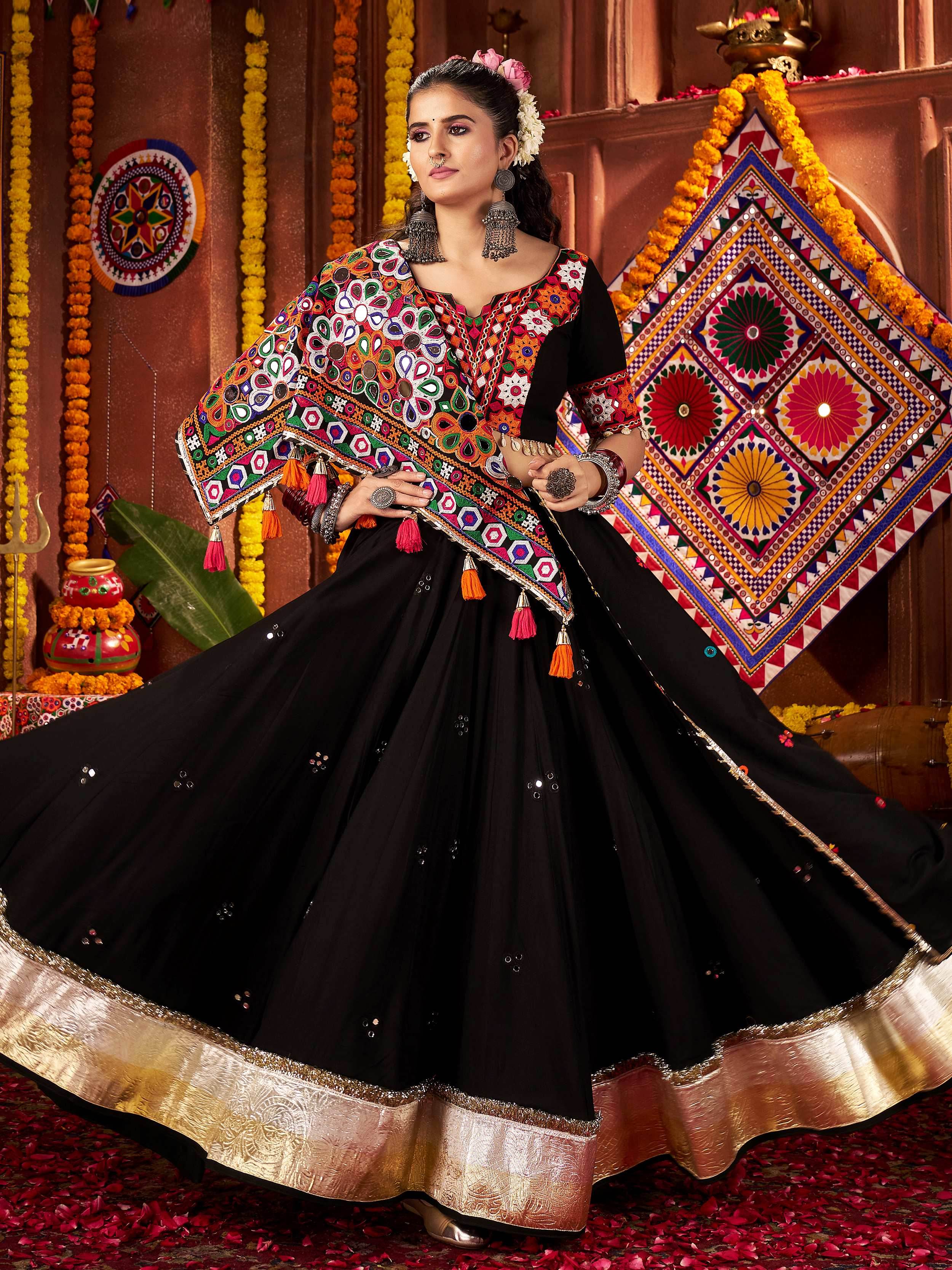Black Cotton Mirror Embroidered Navratri Lehenga Choli with Dupatta
