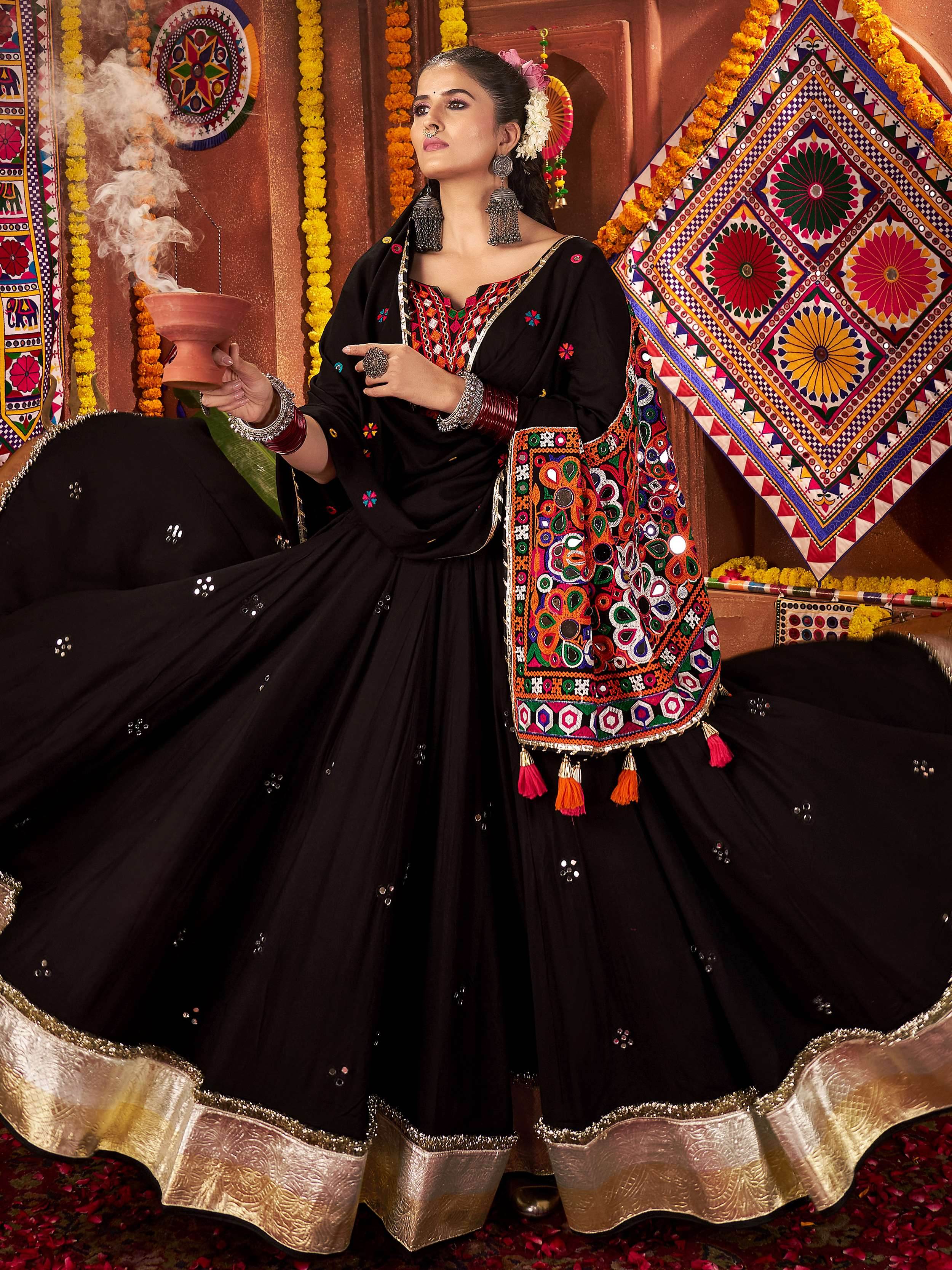 Black Cotton Mirror Embroidered Navratri Lehenga Choli with Dupatta