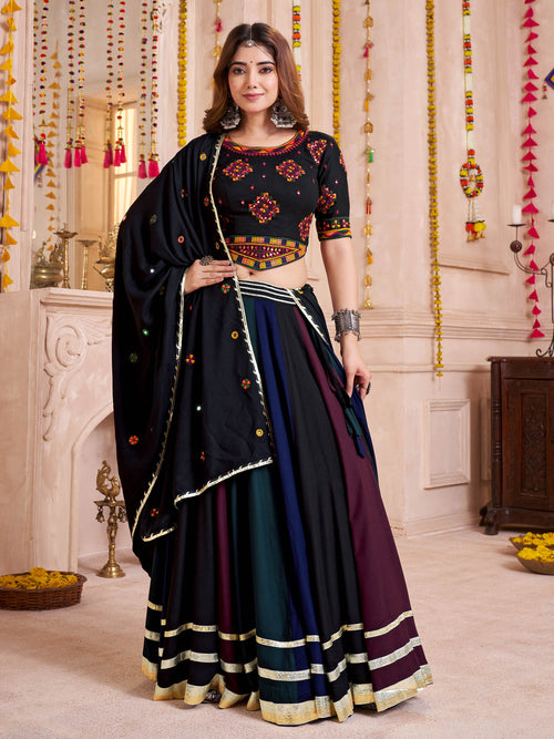 Black cotton thread embroidered lehenga choli with dupatta