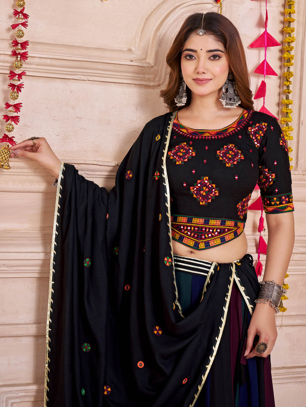 Black Cotton Thread Embroidered Lehenga Choli with Dupatta