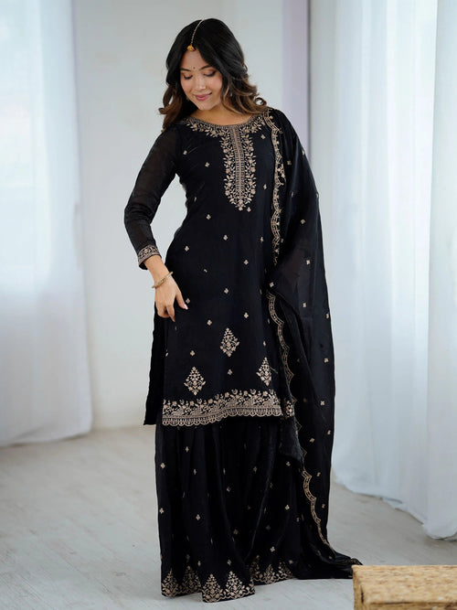 Black crunchy silk embroidered zari sequin work kurti sharara with dupatta
