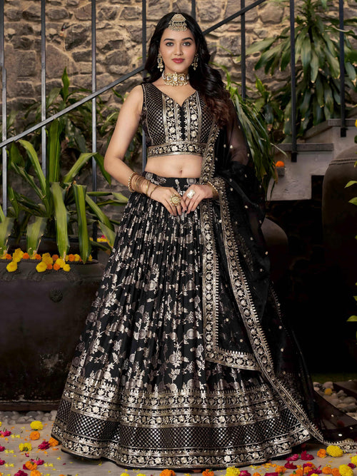 Black Dola silk jacquard embroidered lehenga choli with dupatta