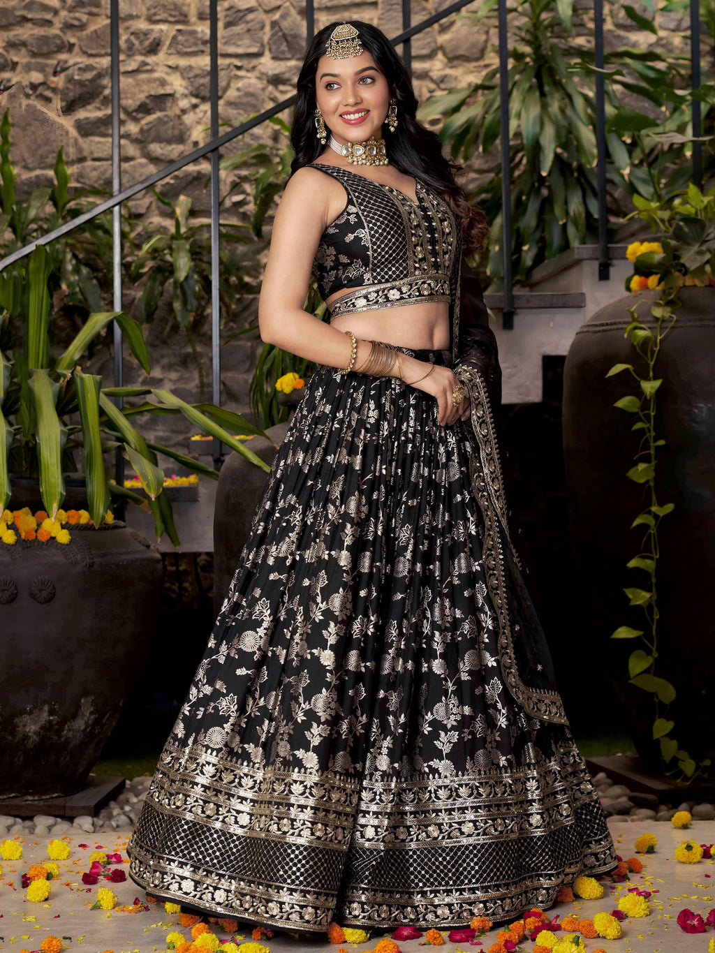 Black Dola Silk Jacquard Embroidered Lehenga Choli with Dupatta