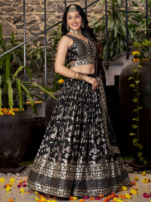 Black Dola silk jacquard embroidered lehenga choli with dupatta
