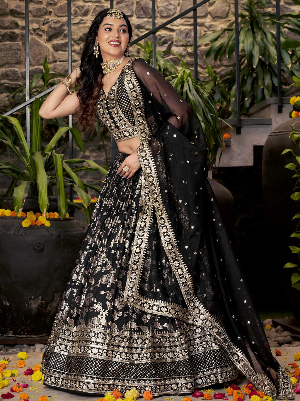 Black Dola Silk Jacquard Embroidered Lehenga Choli with Dupatta
