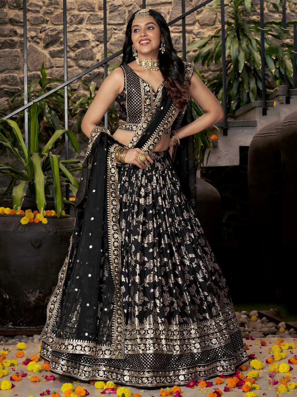 Black Dola Silk Jacquard Embroidered Lehenga Choli with Dupatta