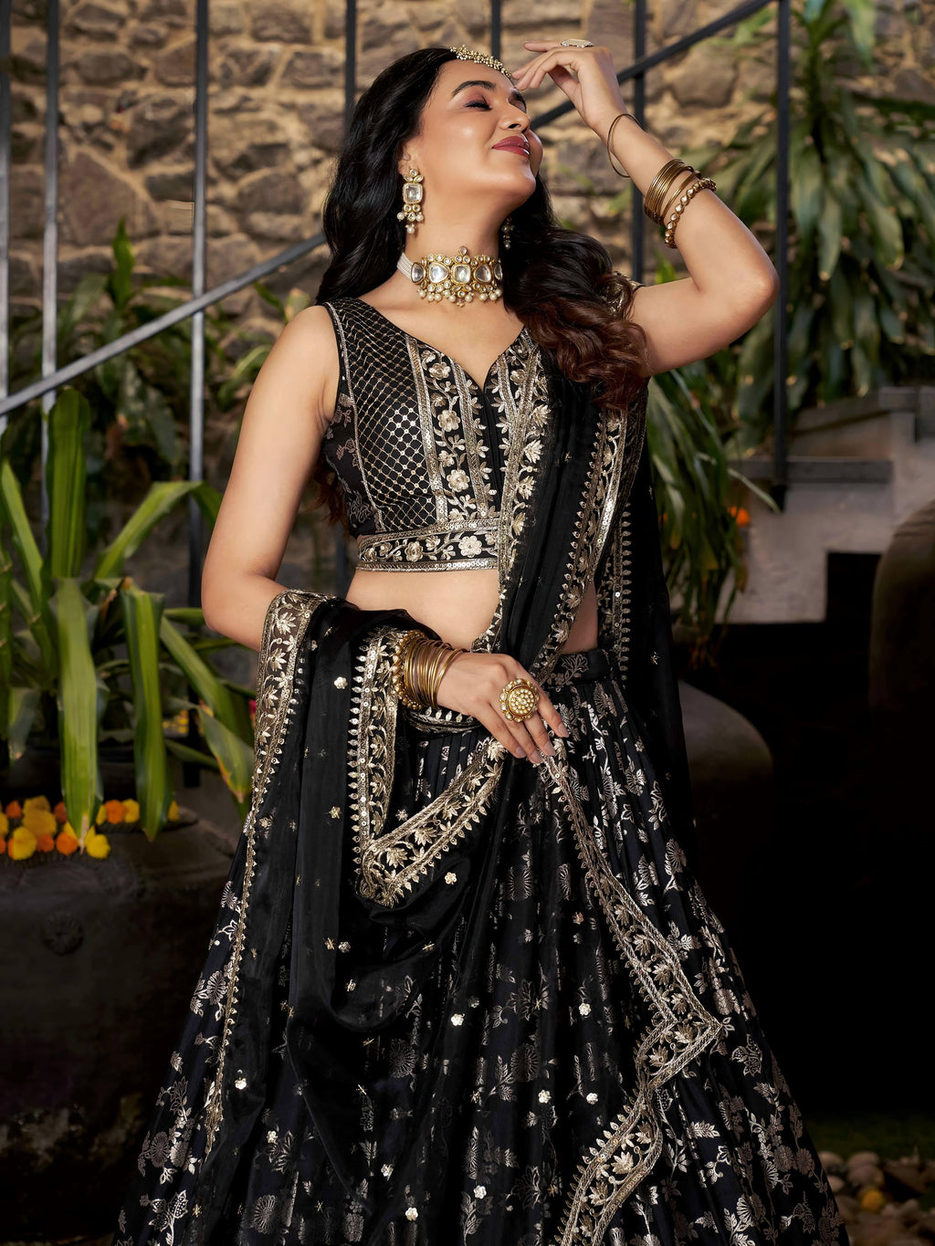 Black Dola Silk Jacquard Embroidered Lehenga Choli with Dupatta