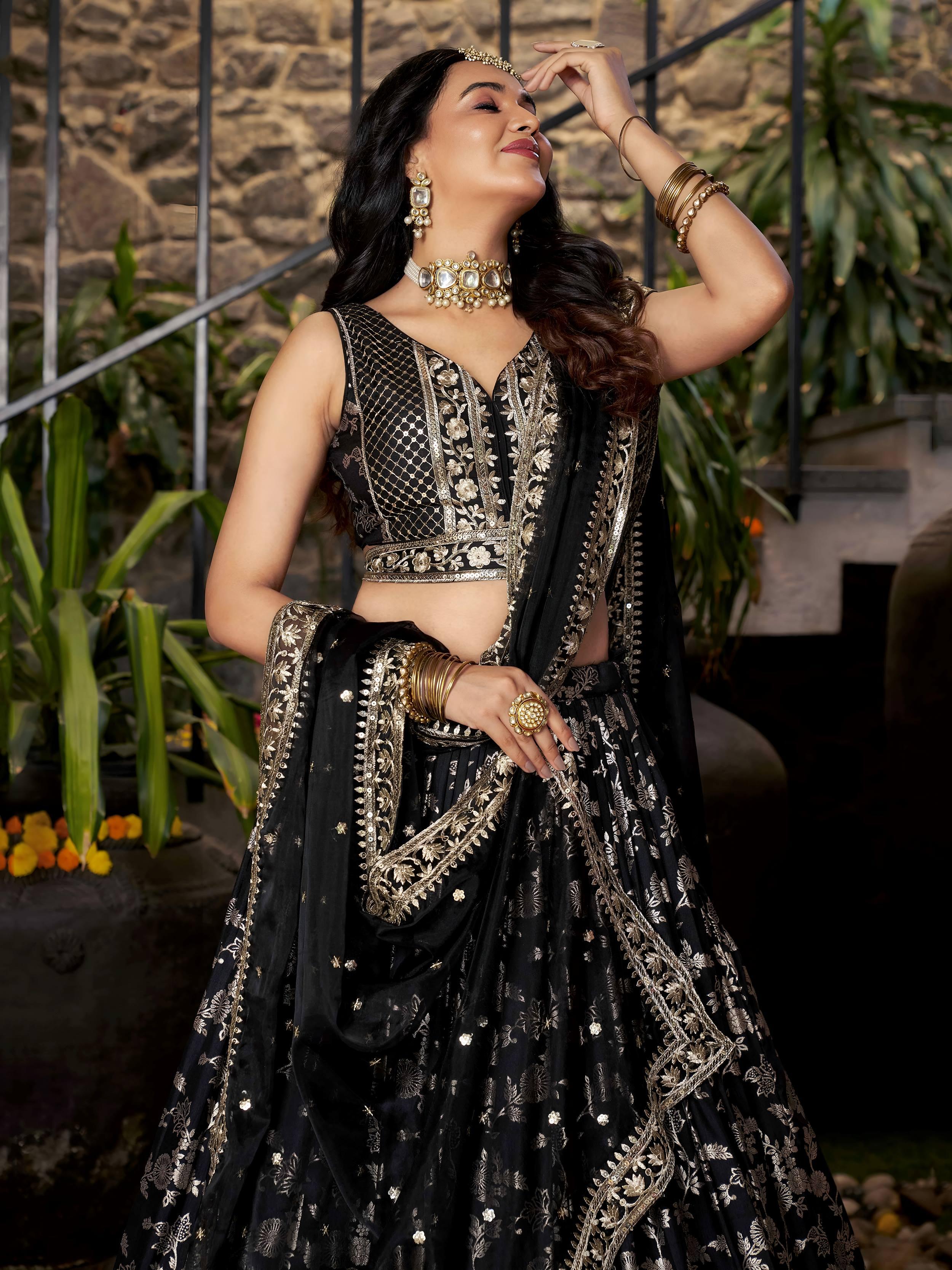 Black Dola Silk Jacquard Embroidered Lehenga Choli with Dupatta