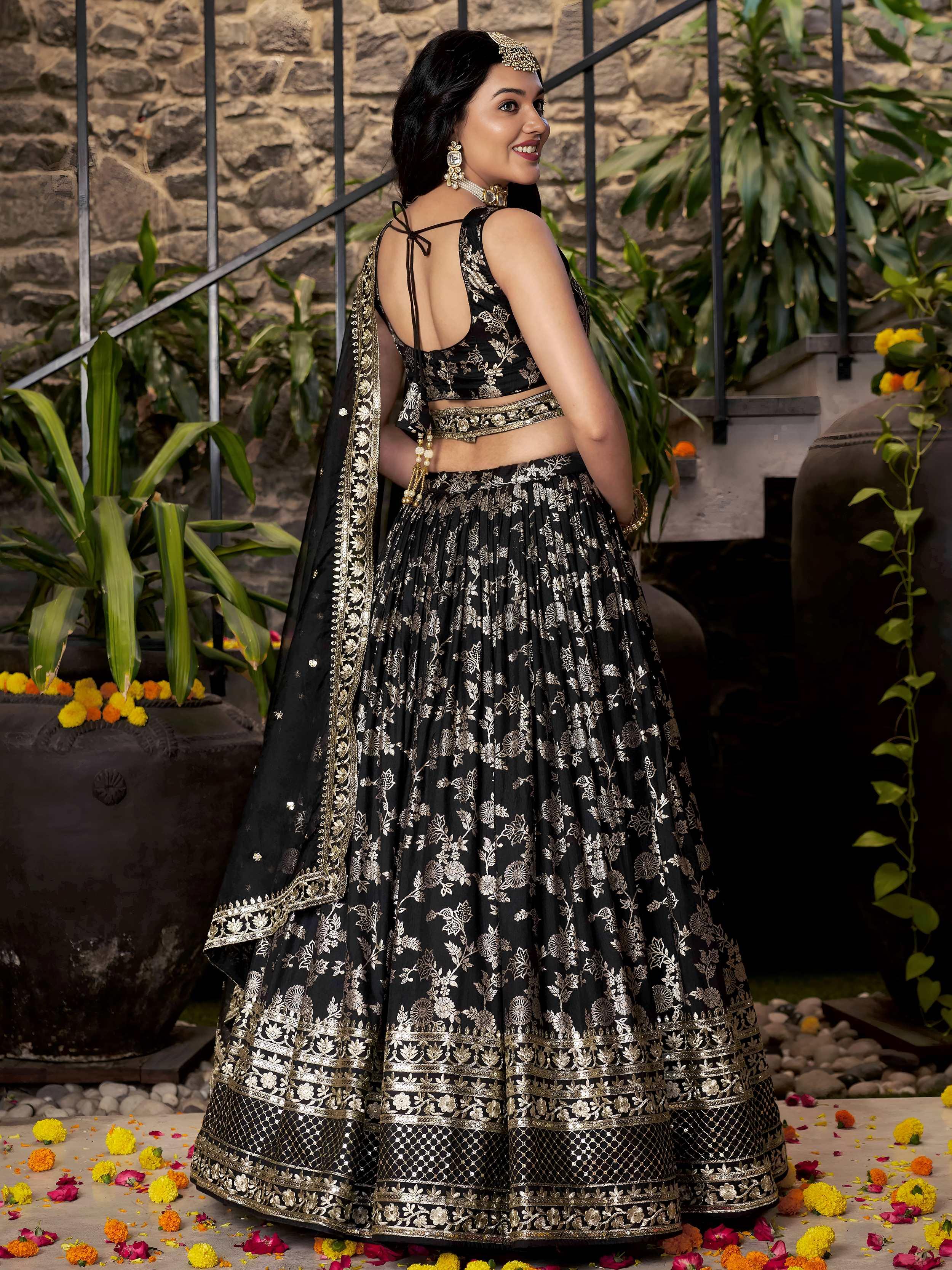 Black Dola Silk Jacquard Embroidered Lehenga Choli with Dupatta