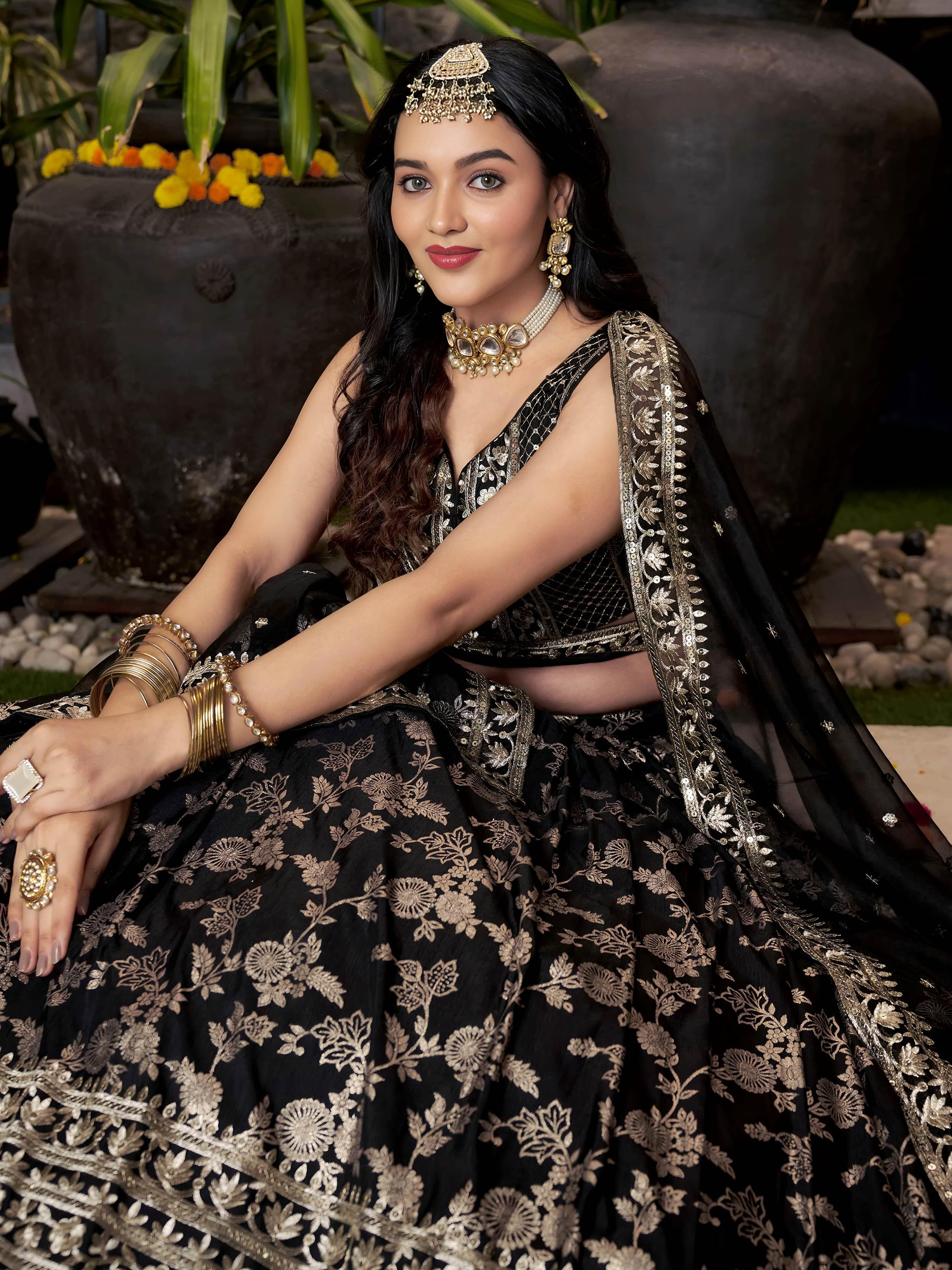 Black Dola Silk Jacquard Embroidered Lehenga Choli with Dupatta