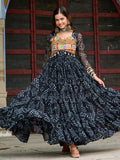 Black Faux Georgette Bandhani Print Kutchi Patchwork Navratri Gown