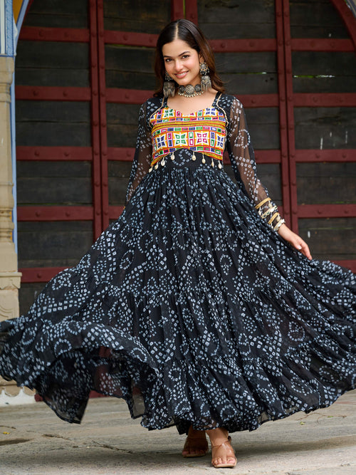 Black faux georgette Bandhani print Kutchi patchwork Navratri gown