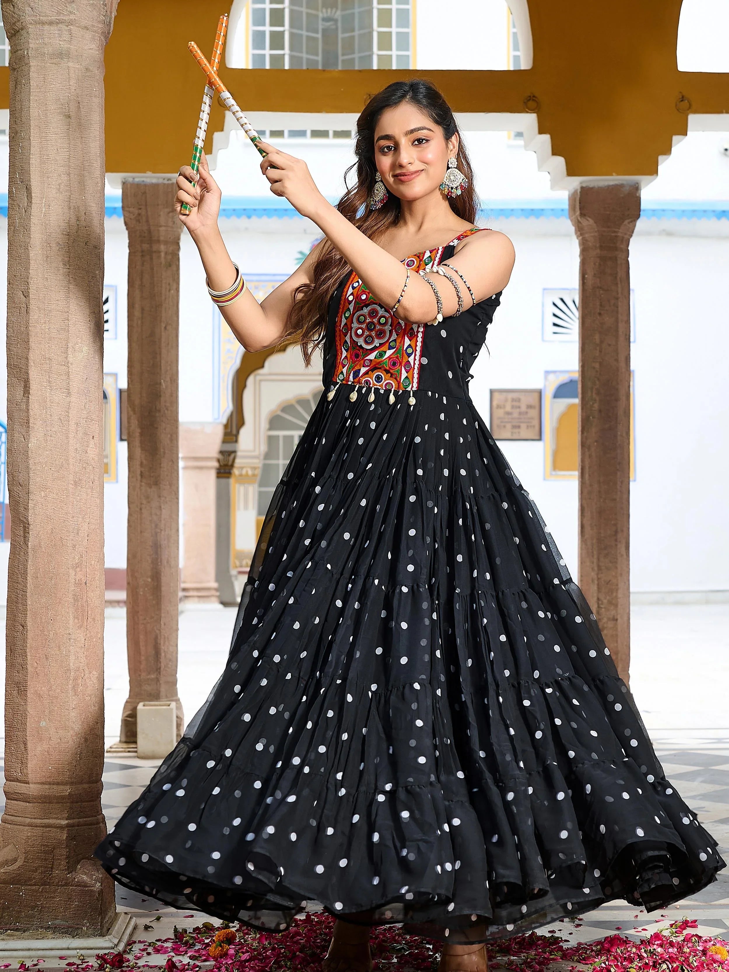 Black Georgette Bandhani Print Real Mirror Gamthi Work Gown