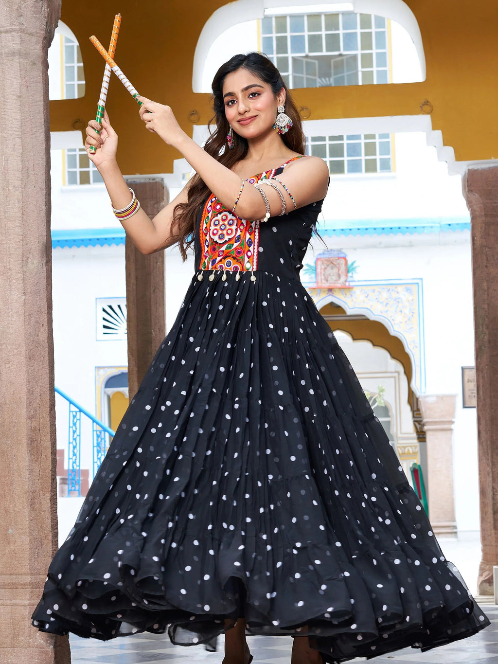 Black Georgette Bandhani Print Real Mirror Gamthi Work Gown