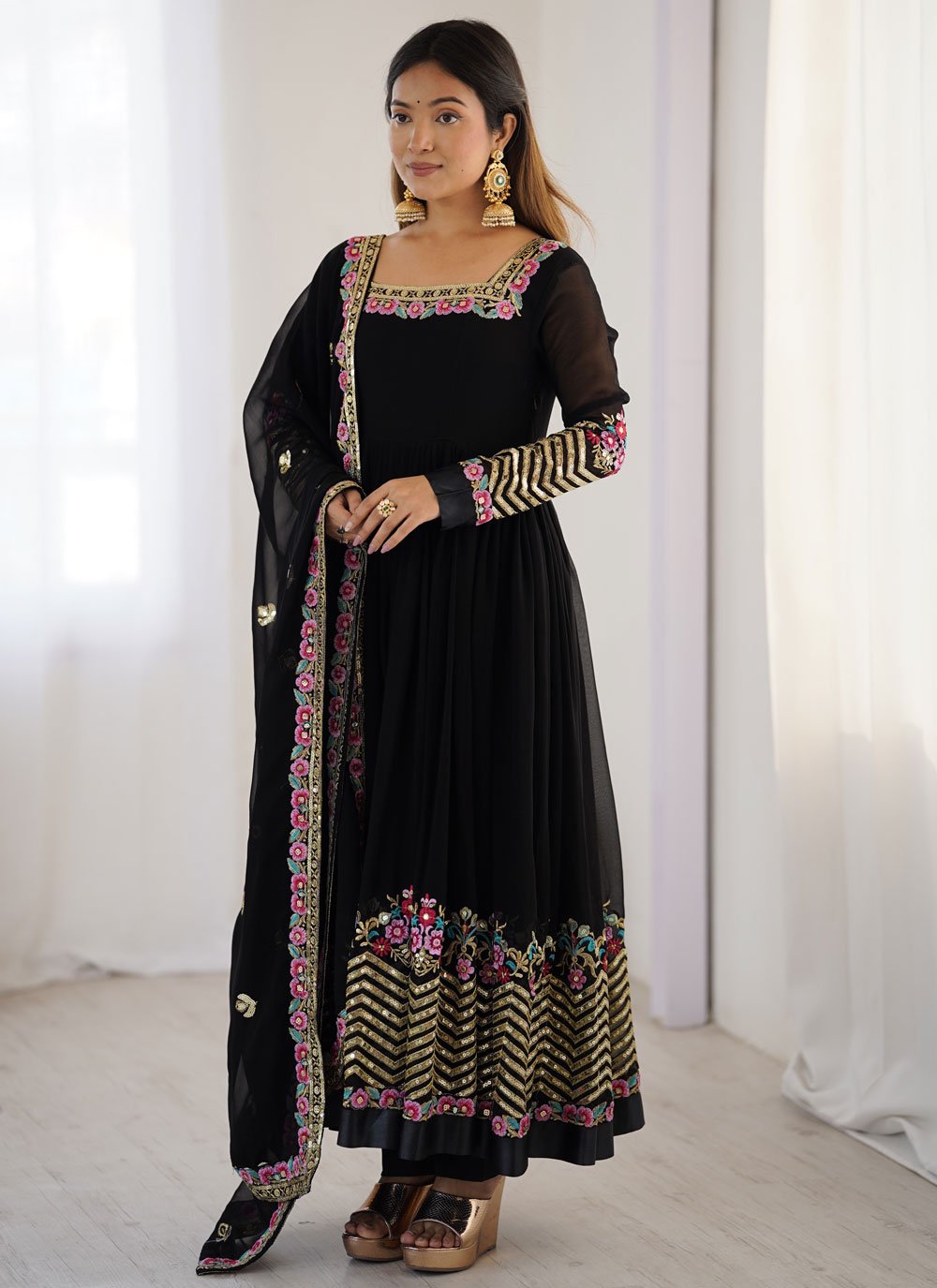 Black Georgette Embroidered Anarkali Suit with Dupatta and Bottom