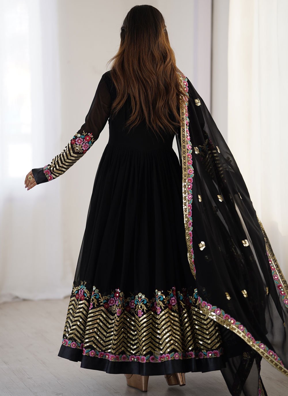 Black Georgette Embroidered Anarkali Suit with Dupatta and Bottom