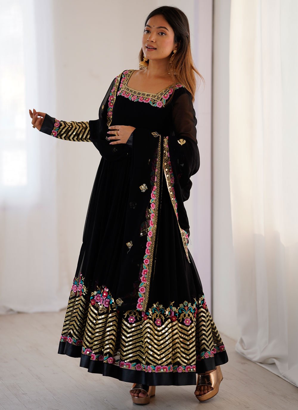 Black Georgette Embroidered Anarkali Suit with Dupatta and Bottom