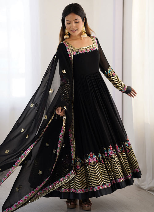 Black georgette embroidered Anarkali suit with dupatta and bottom